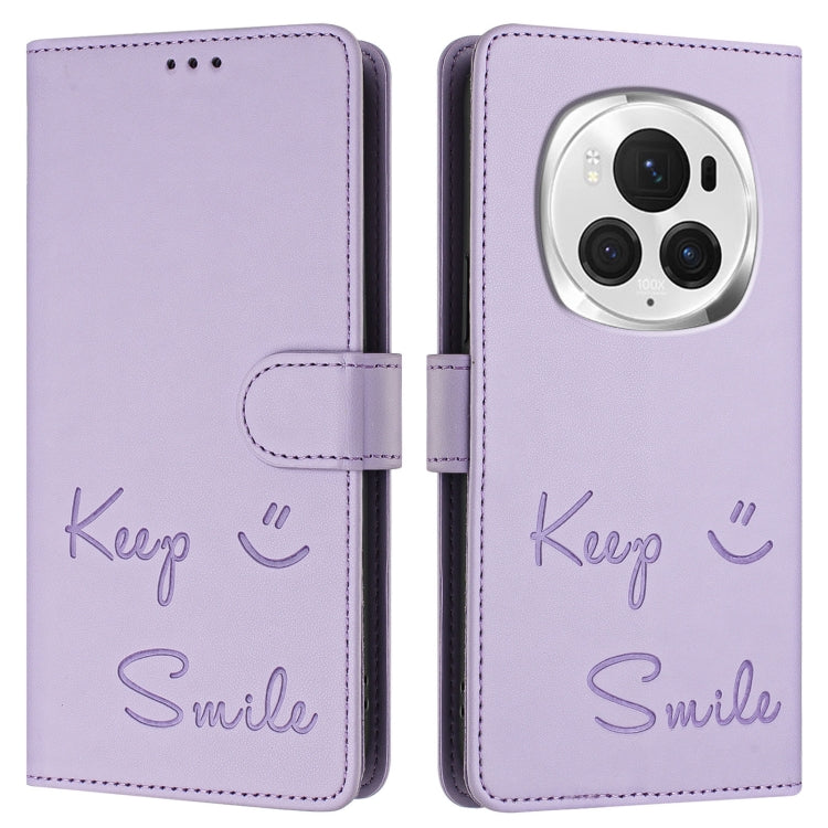 For Honor Magic6 Pro 5G Global Smile Embossing RFID Leather Phone Case(Light Purple)