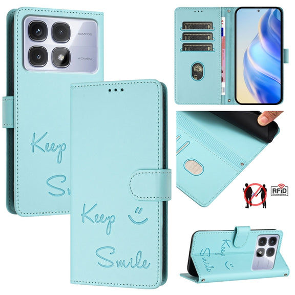 For Redmi K70 Ultra 5G Global Smile Embossing RFID Leather Phone Case(Mint Green)