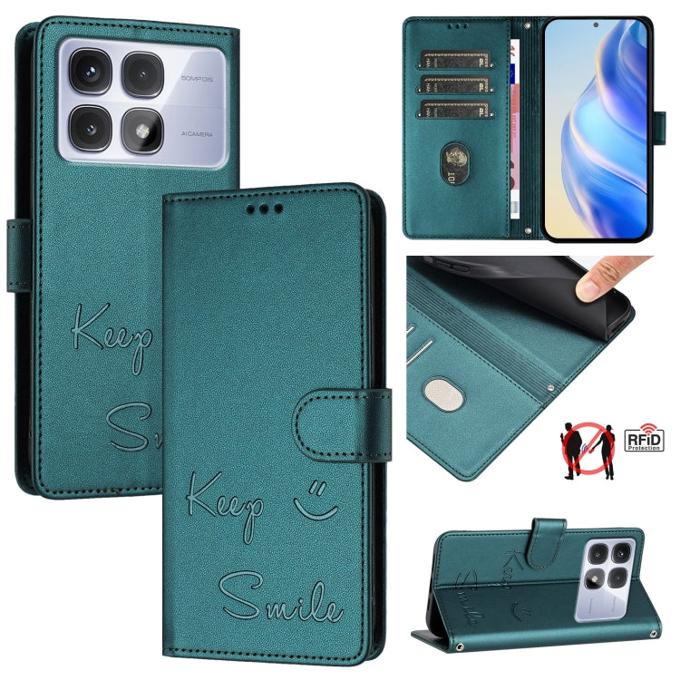 For Redmi K70 Ultra 5G Global Smile Embossing RFID Leather Phone Case(Peacock Green) - free shipping - PMC Jewellery - Order now!