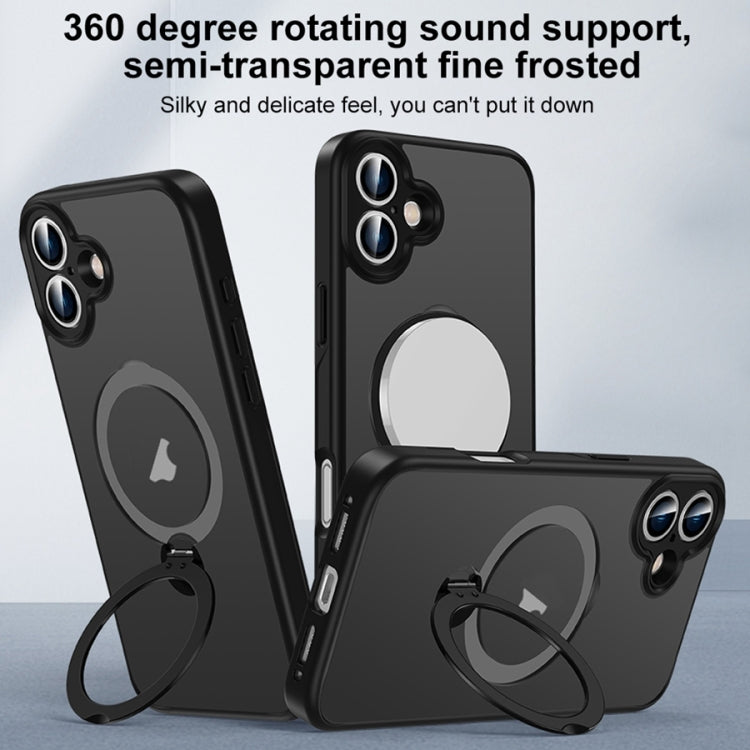 For iPhone 16 Matte Texture 360 Degree Rotary Tone Holder MagSafe Phone Case(Transparent)