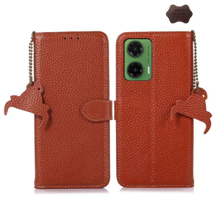 For Motorola Moto G35 Genuine Leather Litchi Texture RFID Leather Phone Case(Coffee) - Motorola Cases by PMC TechLife | Online Shopping South Africa | PMC TechLife | Buy Now Pay Later Mobicred