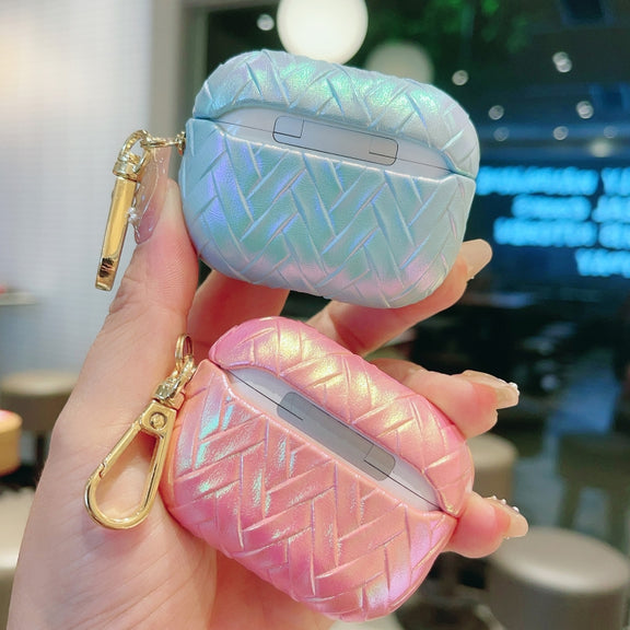 For AirPods 4 Colorful Weaving Texture Earbuds Box PC Case with Hook(Pink)