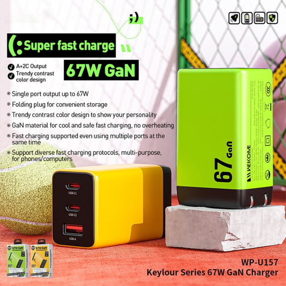 WK WP-U157 67W USB-C / Type-Cx2, USB GaN Fast Charger, Plug Type:EU Plug(Green)