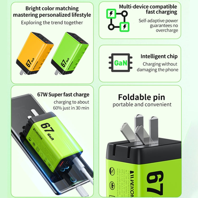 WK WP-U157 67W USB-C / Type-Cx2, USB GaN Fast Charger, Plug Type:UK Plug(Yellow) - free shipping - PMC TechLife - Order now!