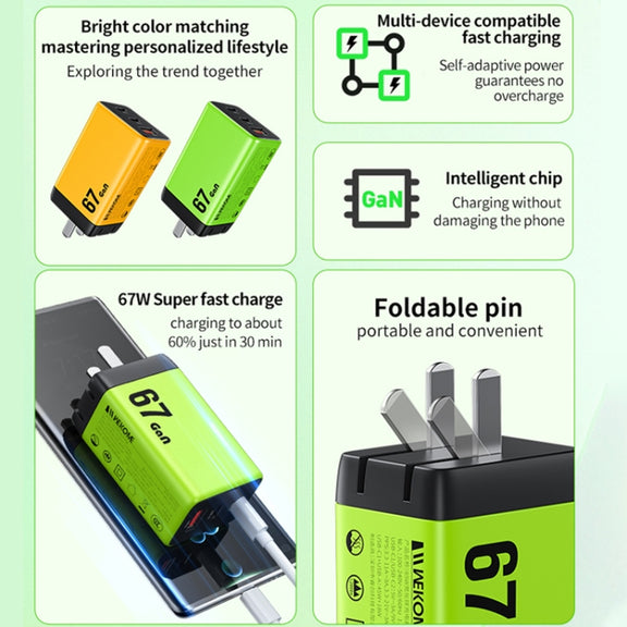 WK WP-U157 67W USB-C / Type-Cx2, USB GaN Fast Charger, Plug Type:EU Plug(Yellow)