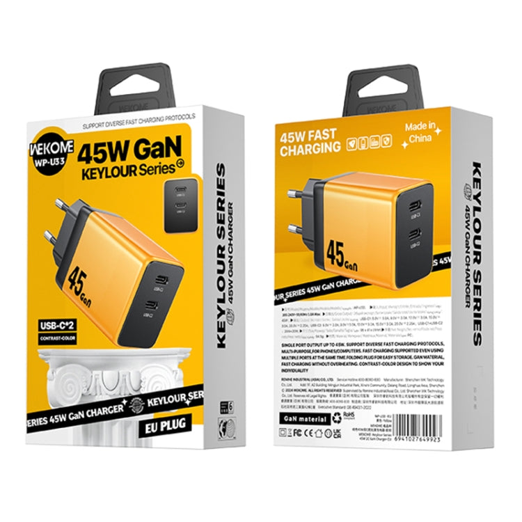 WK WP-U33 45W USB-C / Type-Cx2 GaN Fast Charger, Plug Type:EU Plug(Yellow) - free shipping - PMC TechLife - Order now!