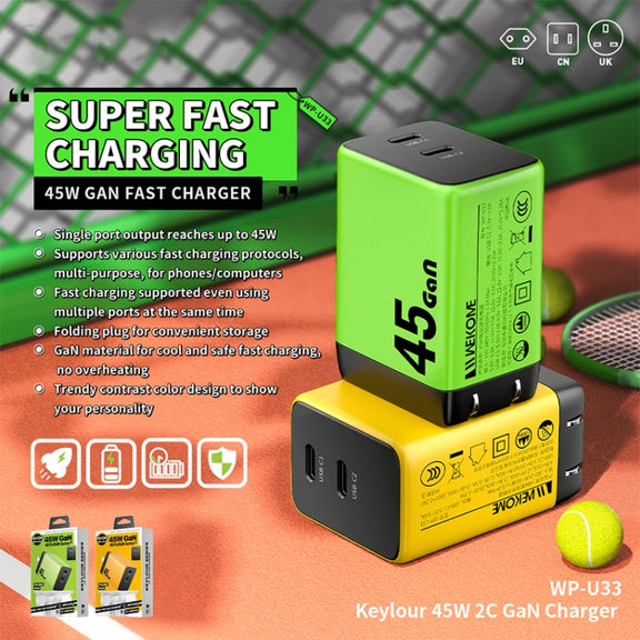 WK WP-U33 45W USB-C / Type-Cx2 GaN Fast Charger, Plug Type:UK Plug(Green)
