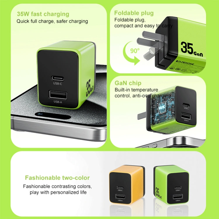 WK WP-U36 35W USB-C / Type-C, USB GaN Fast Charger, Plug Type:EU Plug(Yellow) - free shipping - PMC TechLife - Order now!