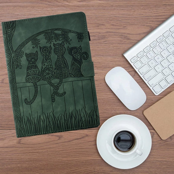 For Samsung Galaxy Tab S9 / S9 FE Cats Embossed Leather Smart Tablet Case(Green)