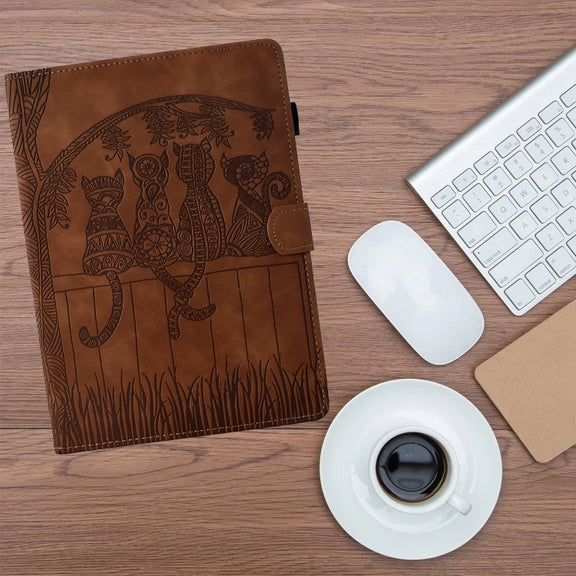 For Samsung Galaxy Tab S9 / S9 FE Cats Embossed Leather Smart Tablet Case(Brown)