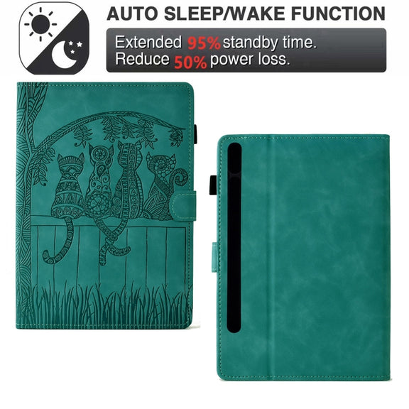 For Samsung Galaxy Tab S9 / S9 FE Cats Embossed Leather Smart Tablet Case(Light Blue)
