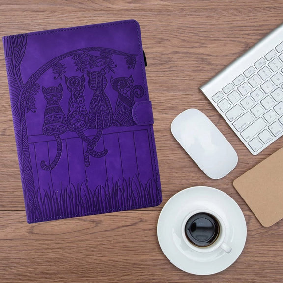 For Samsung Galaxy Tab S9 / S9 FE Cats Embossed Leather Smart Tablet Case(Purple)