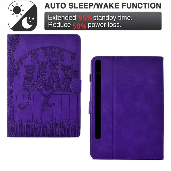 For Samsung Galaxy Tab S9 / S9 FE Cats Embossed Leather Smart Tablet Case(Purple)