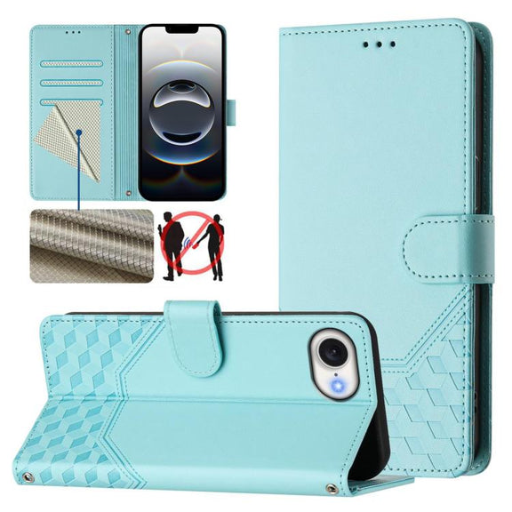 For iPhone 16e Honeycomb Embossing RFID Leather Phone Case(Mint Green)