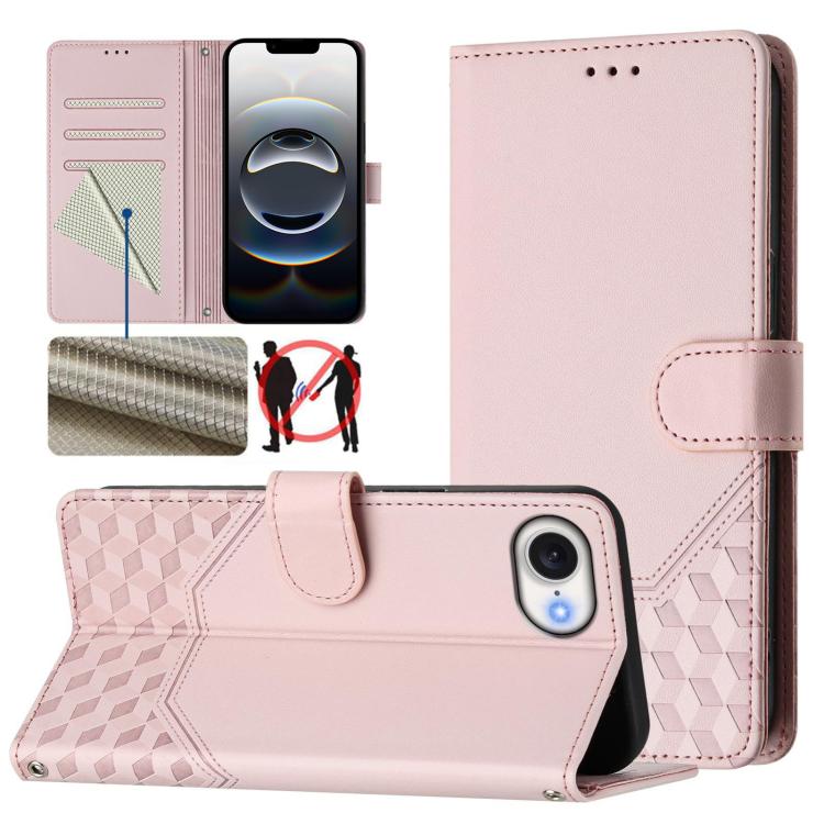 For iPhone 16e Honeycomb Embossing RFID Leather Phone Case(Pink) - iPhone 16e Cases by PMC TechLife | Online Shopping South Africa | PMC TechLife | Buy Now Pay Later Mobicred