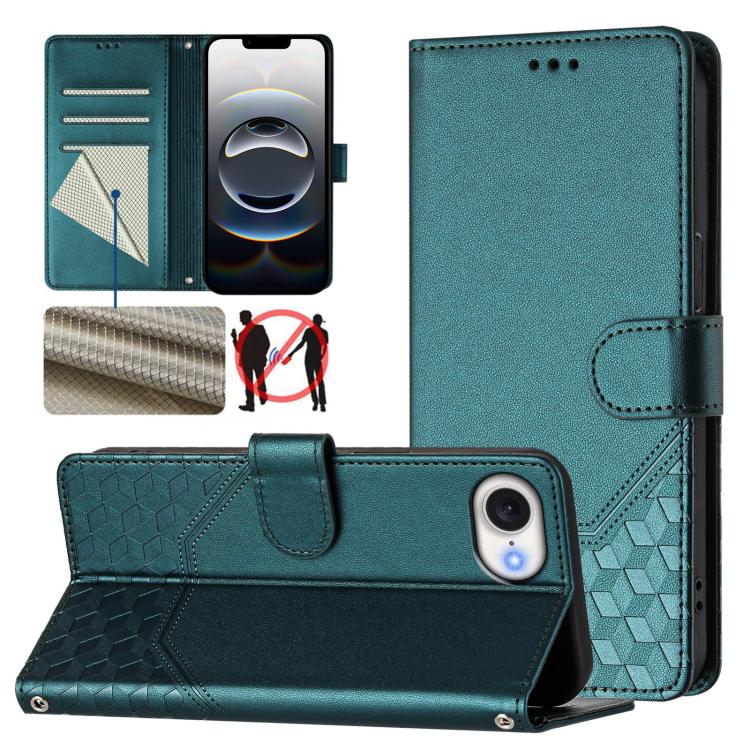 For iPhone 16e Honeycomb Embossing RFID Leather Phone Case(Peacock Green) - iPhone 16e Cases by PMC TechLife | Online Shopping South Africa | PMC TechLife | Buy Now Pay Later Mobicred