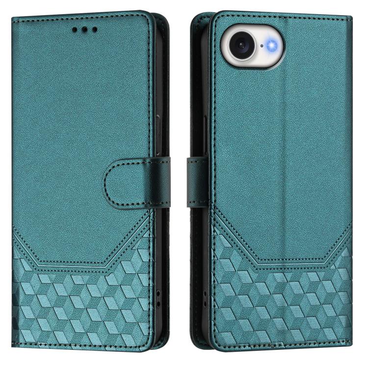 For iPhone 16e Honeycomb Embossing RFID Leather Phone Case(Peacock Green) - iPhone 16e Cases by PMC TechLife | Online Shopping South Africa | PMC TechLife | Buy Now Pay Later Mobicred