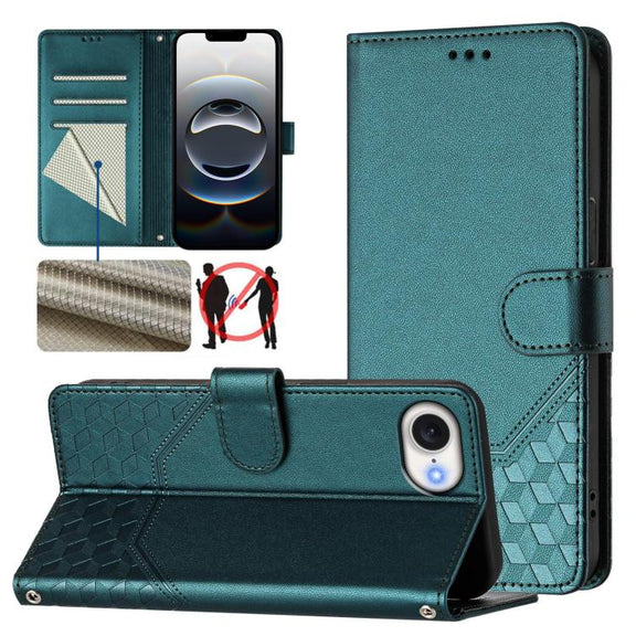 For iPhone 16e Honeycomb Embossing RFID Leather Phone Case(Peacock Green)