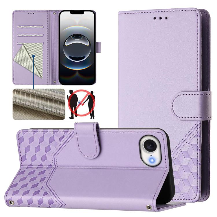 For iPhone 16e Honeycomb Embossing RFID Leather Phone Case(Light Purple) - iPhone 16e Cases by PMC TechLife | Online Shopping South Africa | PMC TechLife | Buy Now Pay Later Mobicred