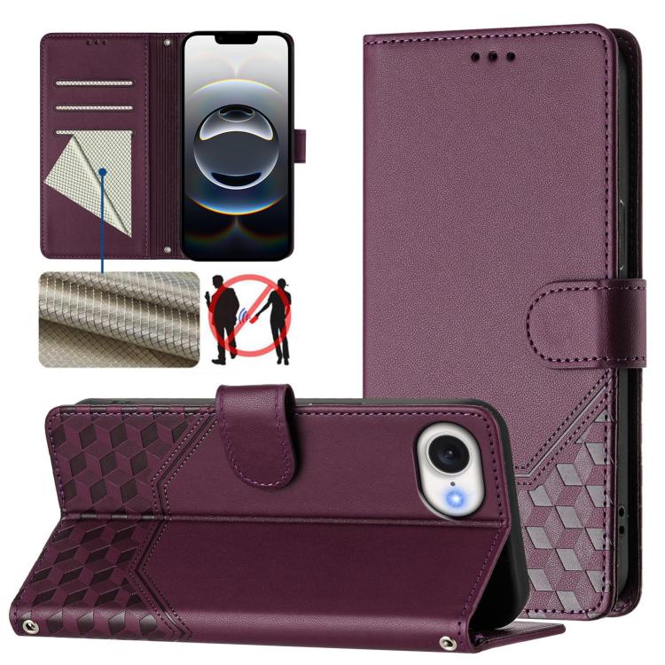 For iPhone 16e Honeycomb Embossing RFID Leather Phone Case(Violet) - iPhone 16e Cases by PMC TechLife | Online Shopping South Africa | PMC TechLife | Buy Now Pay Later Mobicred