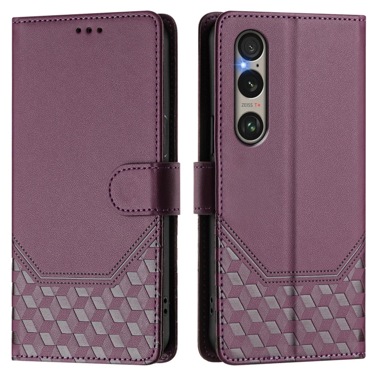 For Sony Xperia 1 VI 2024 Honeycomb Embossing RFID Leather Phone Case(Violet)