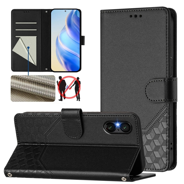 For Sony Xperia 5 VI 2024 Honeycomb Embossing RFID Leather Phone Case(Black) - Sony Cases by PMC Jewellery | Online Shopping South Africa | PMC Jewellery | Buy Now Pay Later Mobicred