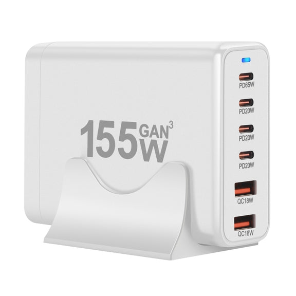 155W 4Type-C, 2USB 6-Ports Desktop Fast Charger, Plug Type:US Plug(White)