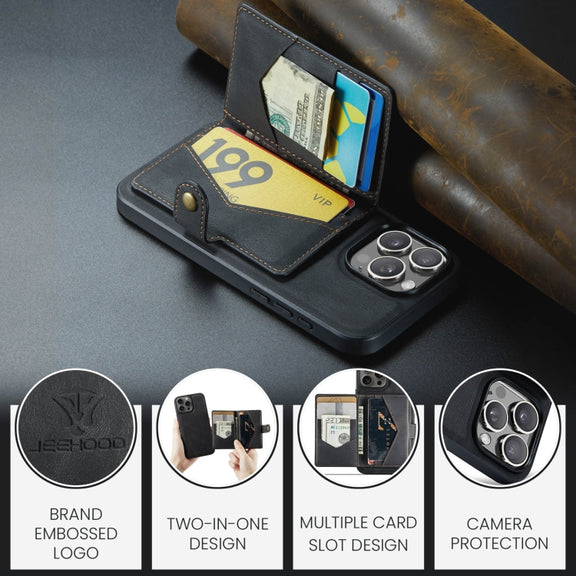 For iPhone 16 Pro Max JEEHOOD J01 Retro Magnetic Detachable Wallet Phone Case(Black)