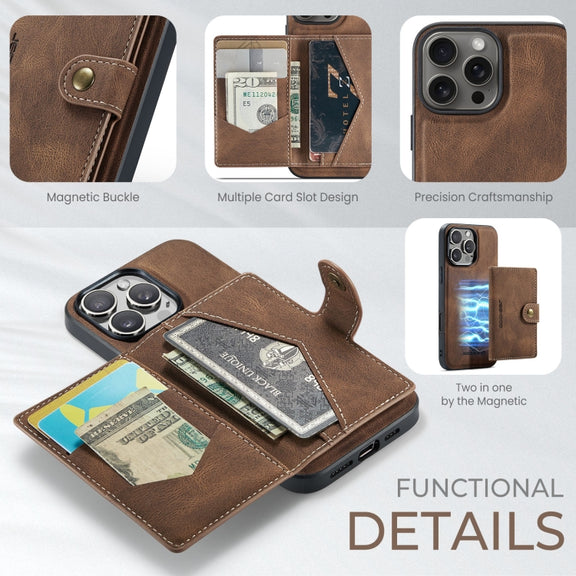 For iPhone 16 Pro Max JEEHOOD J01 Retro Magnetic Detachable Wallet Phone Case(Brown)