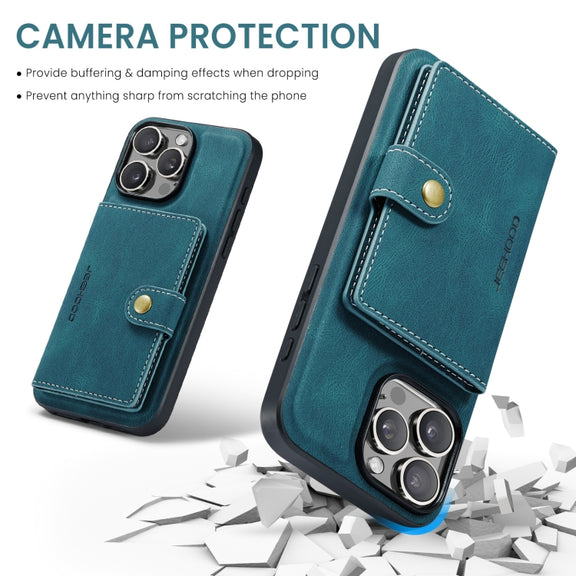 For iPhone 16 Pro Max JEEHOOD J01 Retro Magnetic Detachable Wallet Phone Case(Blue)