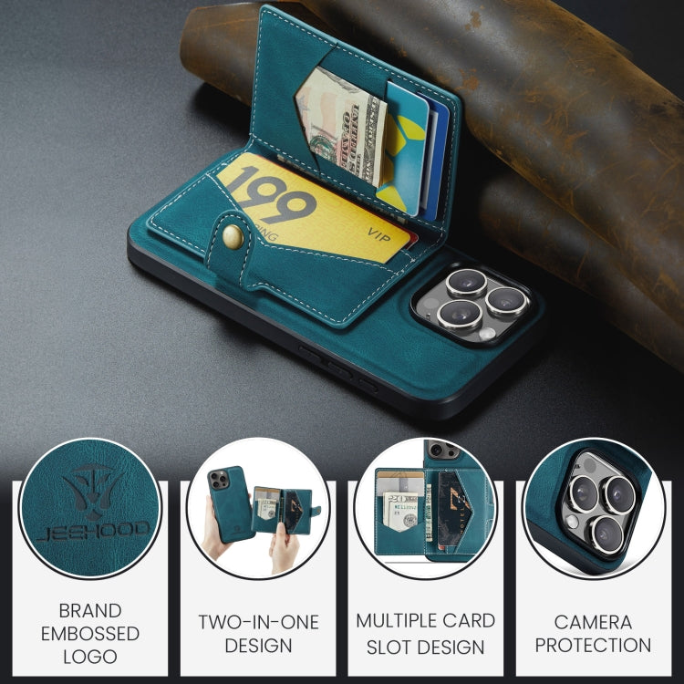 For iPhone 16 Pro JEEHOOD J01 Retro Magnetic Detachable Wallet Phone Case(Blue)