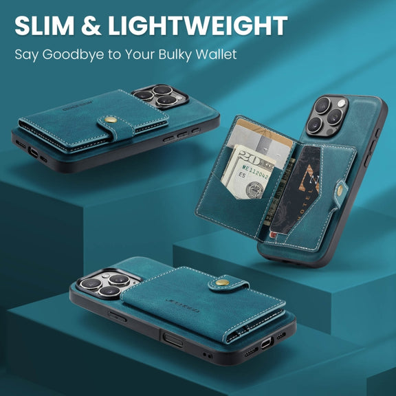For iPhone 16 Pro JEEHOOD J01 Retro Magnetic Detachable Wallet Phone Case(Blue)