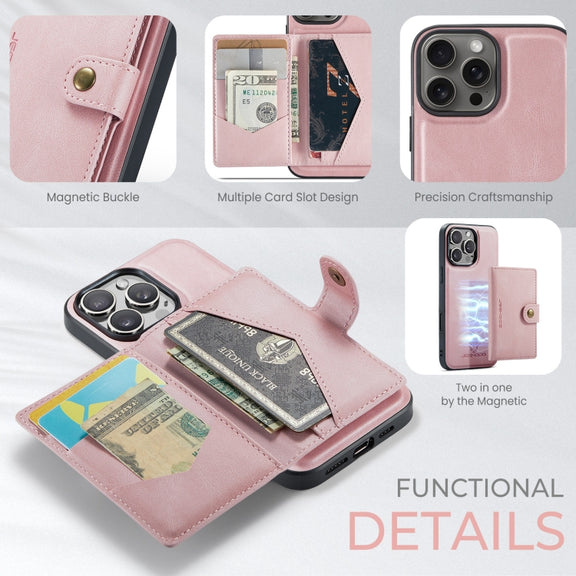 For iPhone 16 Pro JEEHOOD J01 Retro Magnetic Detachable Wallet Phone Case(Pink)
