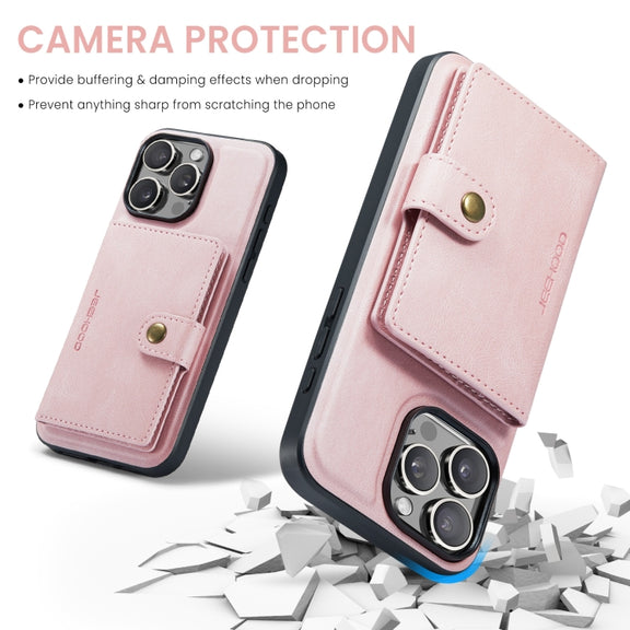 For iPhone 16 Pro JEEHOOD J01 Retro Magnetic Detachable Wallet Phone Case(Pink)