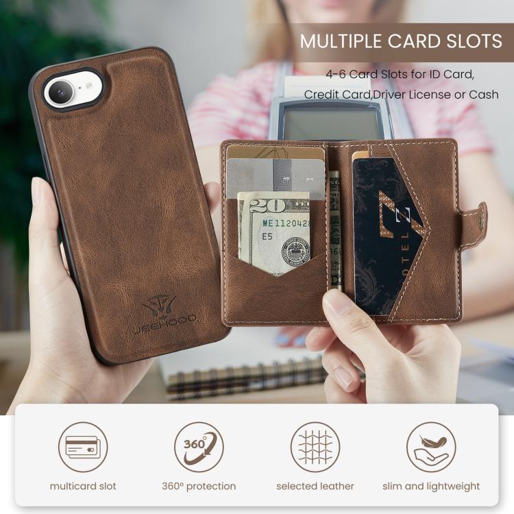 For iPhone 16e JEEHOOD J01 Retro Magnetic Detachable Wallet Phone Case(Brown)