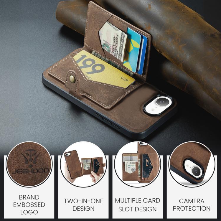 For iPhone 16e JEEHOOD J01 Retro Magnetic Detachable Wallet Phone Case(Brown)