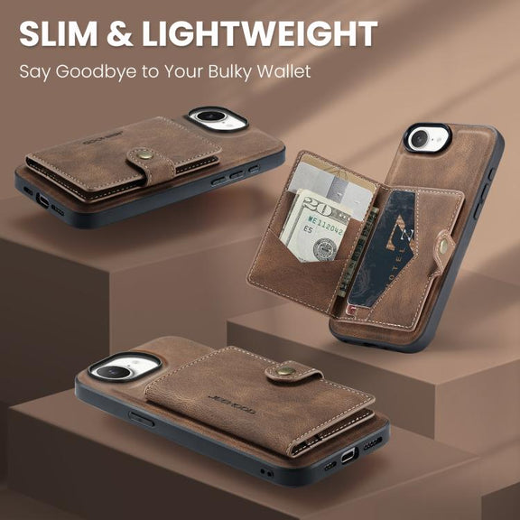 For iPhone 16e JEEHOOD J01 Retro Magnetic Detachable Wallet Phone Case(Brown)