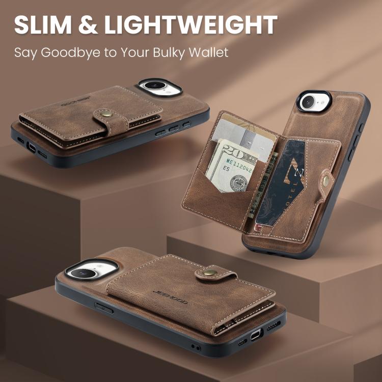 For iPhone 16e JEEHOOD J01 Retro Magnetic Detachable Wallet Phone Case(Brown)