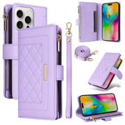 For iPhone 16 Pro Max Crossbody Zipper Wallet Rhombus Leather Phone Case(Purple)