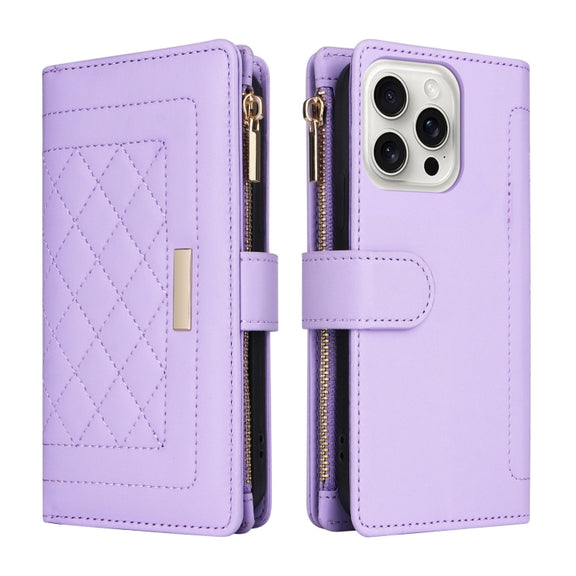 For iPhone 16 Pro Max Crossbody Zipper Wallet Rhombus Leather Phone Case(Purple)