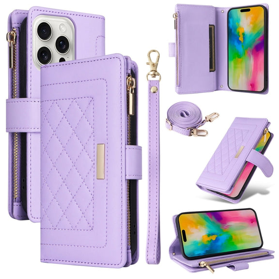 For iPhone 16 Pro Max Crossbody Zipper Wallet Rhombus Leather Phone Case(Purple)