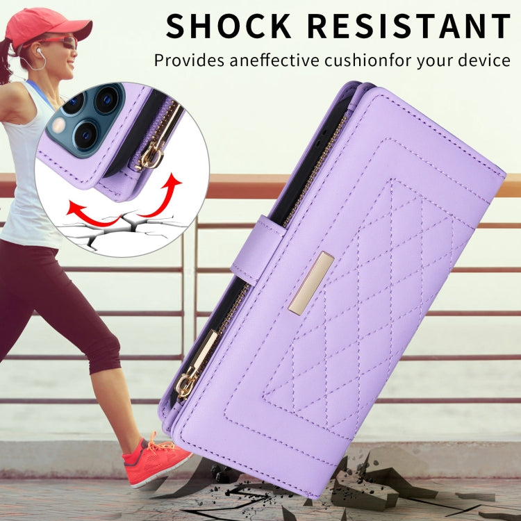 For iPhone 16 Pro Max Crossbody Zipper Wallet Rhombus Leather Phone Case(Purple)