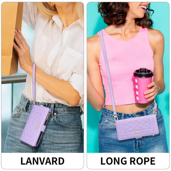 For iPhone 16 Pro Max Crossbody Zipper Wallet Rhombus Leather Phone Case(Purple)