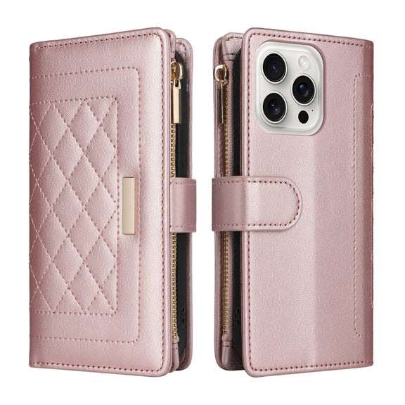 For iPhone 16 Pro Crossbody Zipper Wallet Rhombus Leather Phone Case(Rose Gold)
