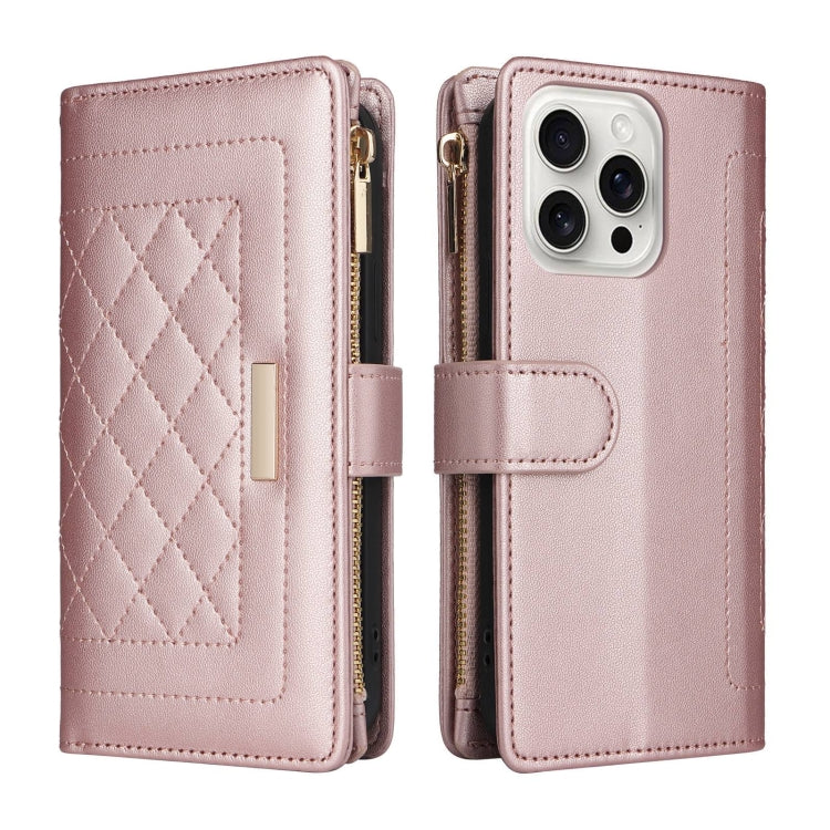 For iPhone 16 Pro Crossbody Zipper Wallet Rhombus Leather Phone Case(Rose Gold)