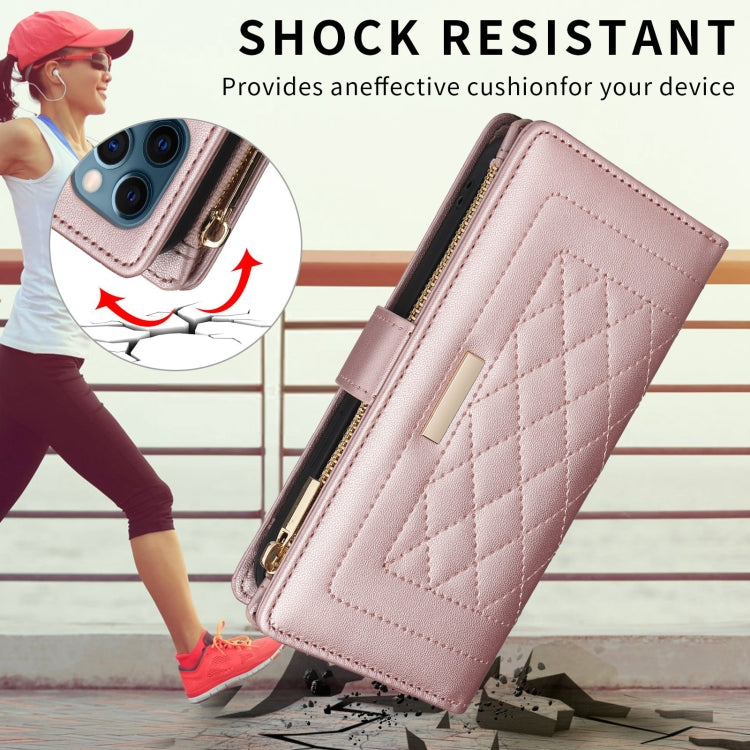 For iPhone 16 Pro Crossbody Zipper Wallet Rhombus Leather Phone Case(Rose Gold)