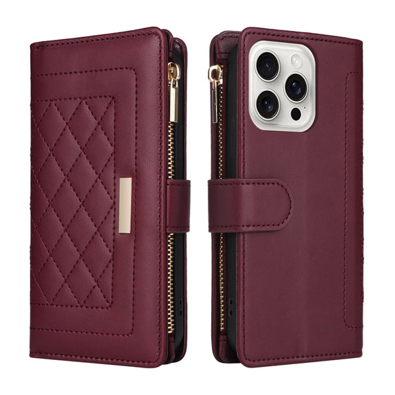 For iPhone 16 Pro Crossbody Zipper Wallet Rhombus Leather Phone Case(Wine Red)