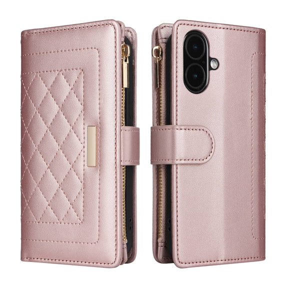 For iPhone 16 Plus Crossbody Zipper Wallet Rhombus Leather Phone Case(Rose Gold)