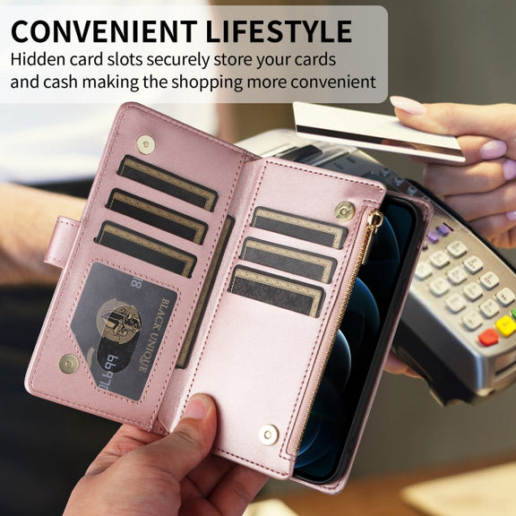 For iPhone 16 Plus Crossbody Zipper Wallet Rhombus Leather Phone Case(Rose Gold)