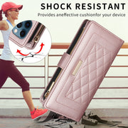 For iPhone 16 Plus Crossbody Zipper Wallet Rhombus Leather Phone Case(Rose Gold)
